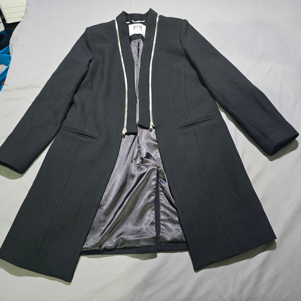 Milly Overcoat Women 10 Black Virgin Wool Blend Zipper Trim Long Jacket